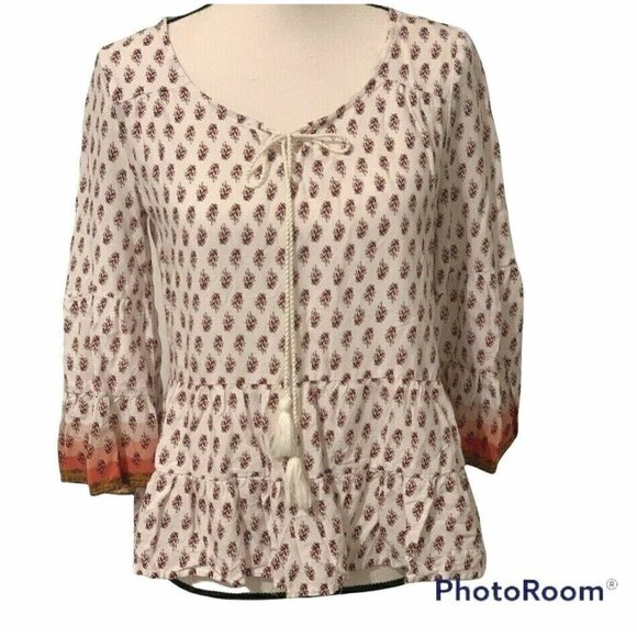 Mudd Women Ruffle Peplum Top Pheasant Blouse Size S 3/4 Bell Sleeve Ruffle Hem - Picture 4 of 12